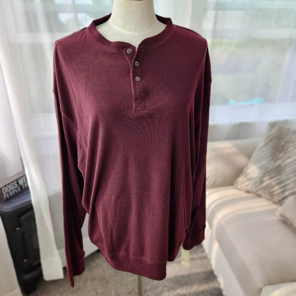 NWT $45 Mens Haggar burgundy jersey 3 button collarless top size XL